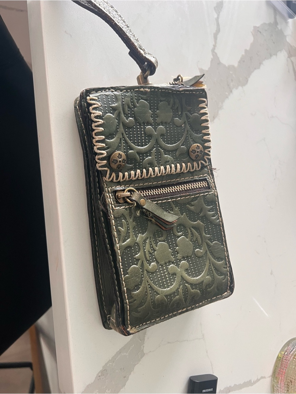 Embossed Olive Green Leather Crossbody Phone Bag